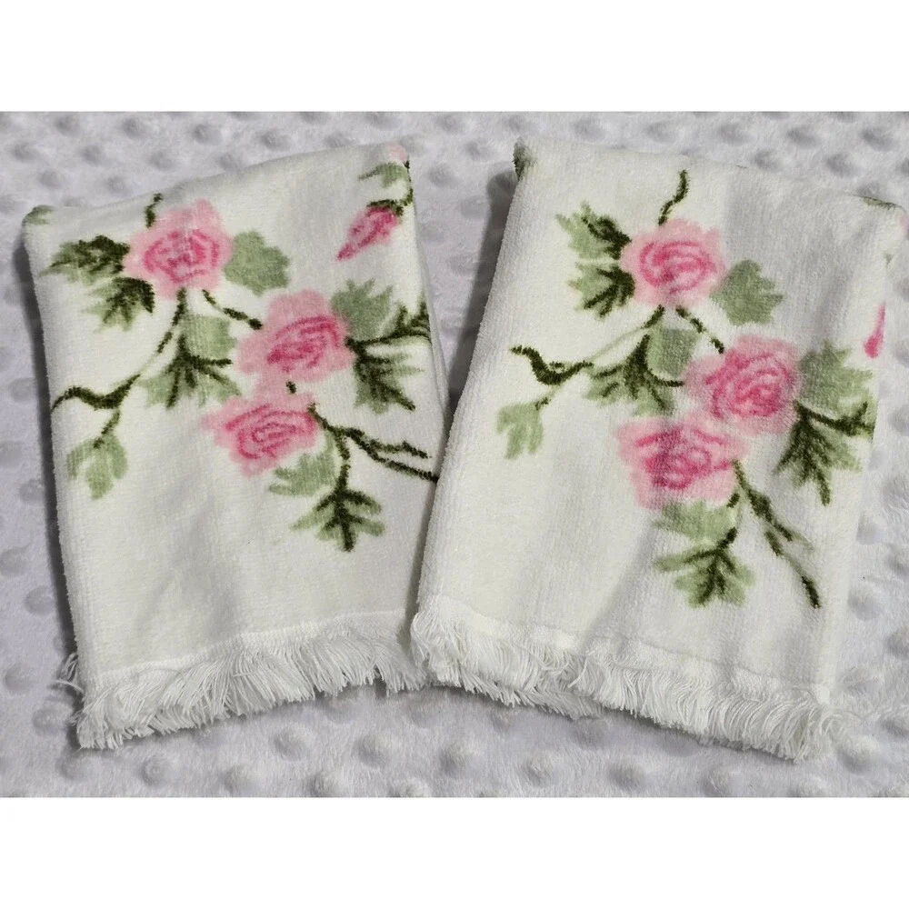Vintage 70’s Terri-Down Martex Bath Towels Pink Cottage Floral Set Of 2 Guest